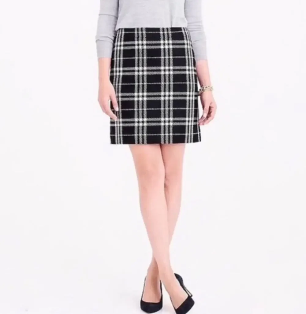 J. Crew Black and White Tweed Plaid Preppy Mini Skirt Size 4